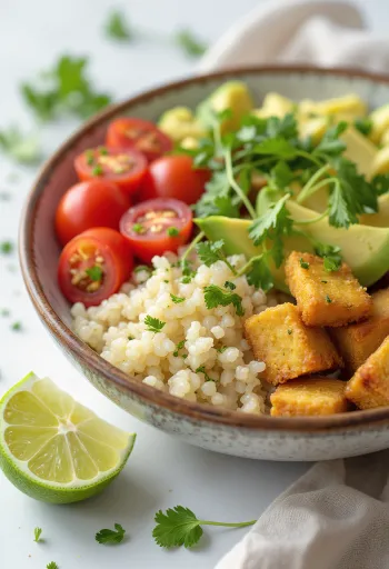 Buddha Bowl hạt diêm mạch, bơ và đậu phụ sốt cà ri chanh được bày biện đẹp mắt