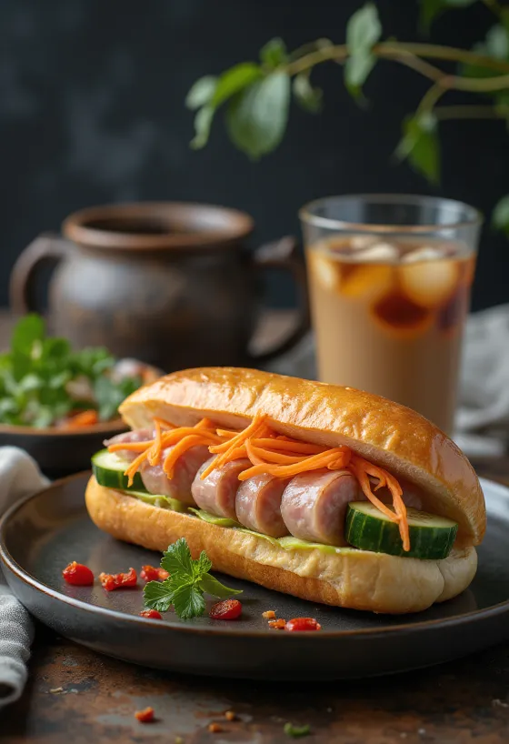 Bánh Mì Chả Lụa với rau tươi và ngò rí.