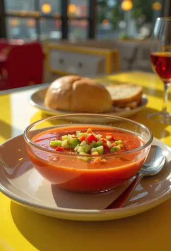 Súp gazpacho tươi mát phục vụ lạnh ngắt, trang trí với rau củ cắt nhỏ