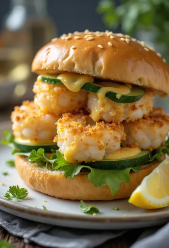 Hamburger thịt cua mới làm với ngò tây và chanh