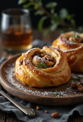 Bánh burek nhân óc chó và rượu whisky được bày biện trên đĩa