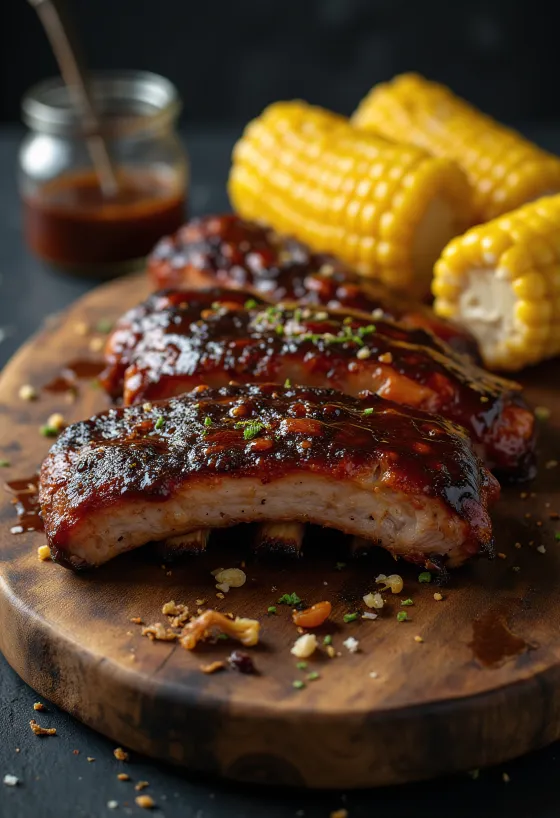 Sườn nướng BBQ phục vụ với ngô