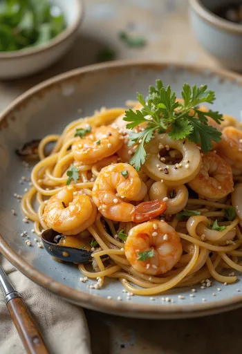 Japchae hải sản, miến khoai lang và rau củ