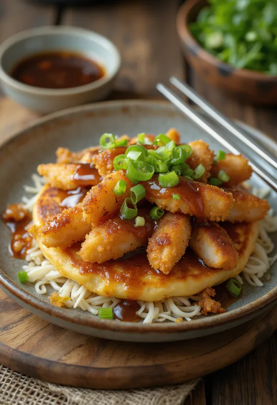 Bánh kếp Katsu phục vụ với thịt tẩm bột chiên giòn và sốt katsu