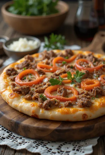 Pizza kiểu Kazakhstan với thịt bò hoặc thịt ngựa