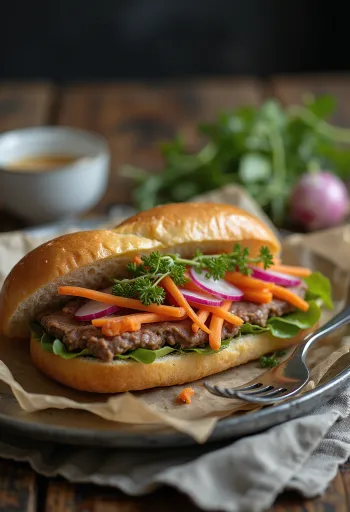 Bánh Mì Pa-Tê pate gan ăn kèm rau củ tươi và ngò rí.
