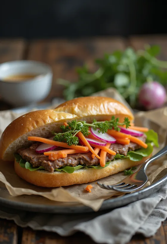 Bánh Mì Pa-Tê pate gan ăn kèm rau củ tươi và ngò rí.