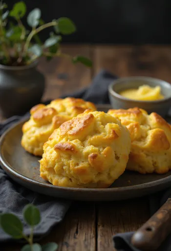 Bánh pogácsa bột ngô vàng ươm trên đĩa