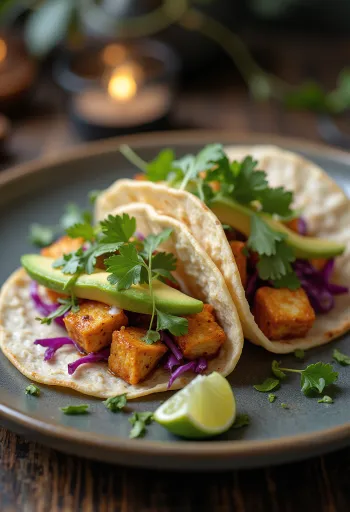 Taco Đậu Phụ với đậu phụ rang gia vị, rau mùi và rau tươi