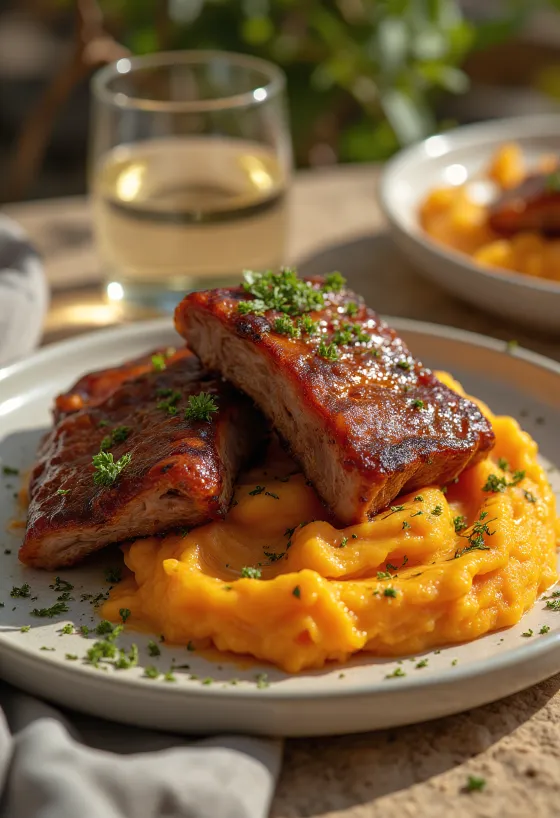 Sườn nướng BBQ phục vụ với khoai lang