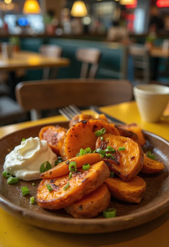 Khoai lang nướng BBQ được bày ra đĩa