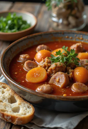 Súp Goulash với xúc xích hun khói, khoai tây và rau mùi tây tươi