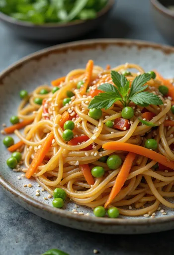 Japchae ăn kèm với rau củ, miến khoai lang và các loại rau