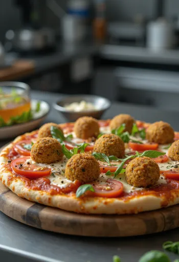 Pizza falafel với viên đậu gà chiên và sốt tahini