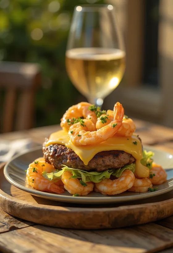 Hamburger Surf and Turf với thịt bò và tôm