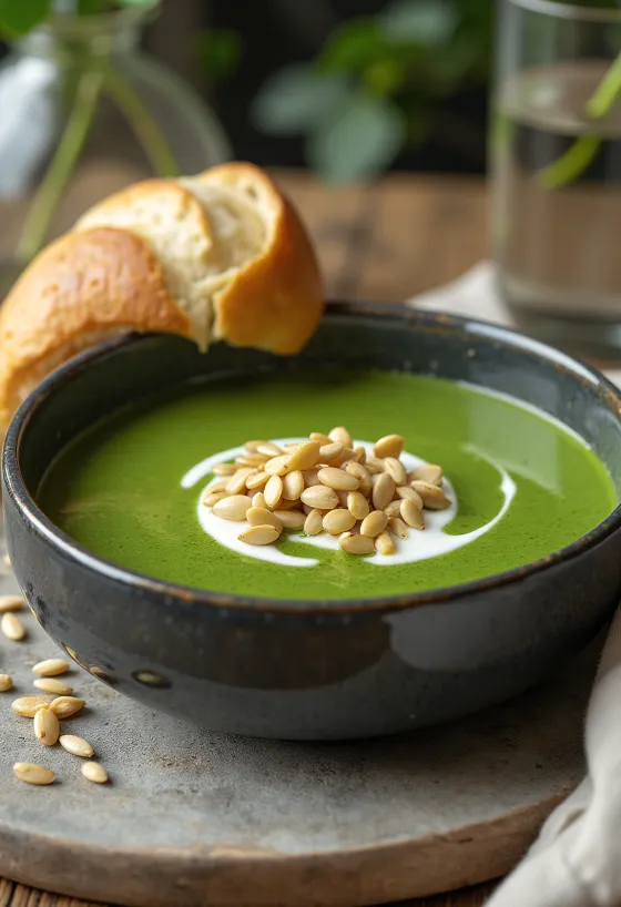 Súp kem bông cải xanh thuần chay phục vụ với hạt hướng dương rang