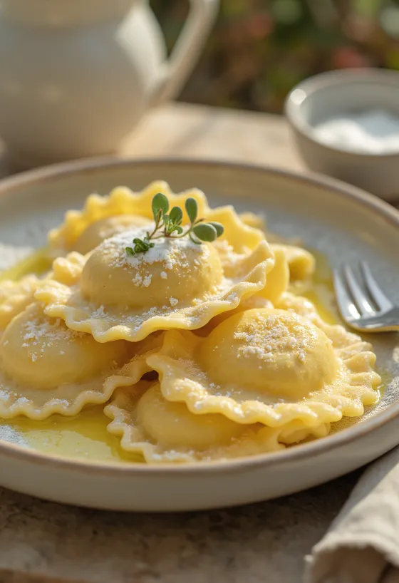 Ravioli nhân phô mai tươi hạt túc anh được bày biện
