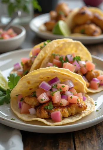 Tacos de Pollo con Salsa de Guayaba trình bày trên đĩa