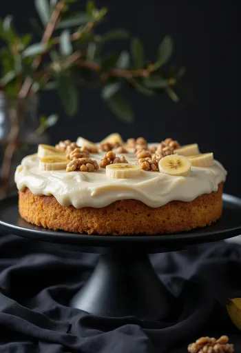 Bánh kem chuối óc chó với kem mascarpone và hạt óc chó trang trí