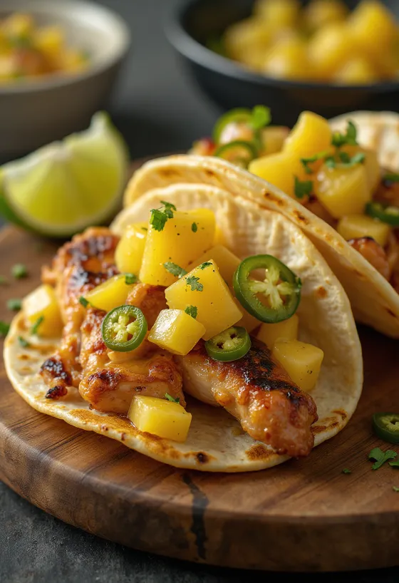 Tacos de Pollo con Salsa de Piña trình bày trên đĩa