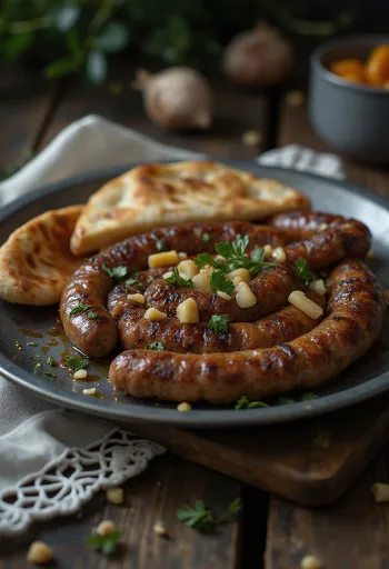 Cevapi với tỏi, nướng mới và vàng ruộm, phục vụ trên bánh mì pita