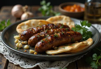 Cevapi với tỏi, nướng mới và vàng ruộm, phục vụ trên bánh mì pita