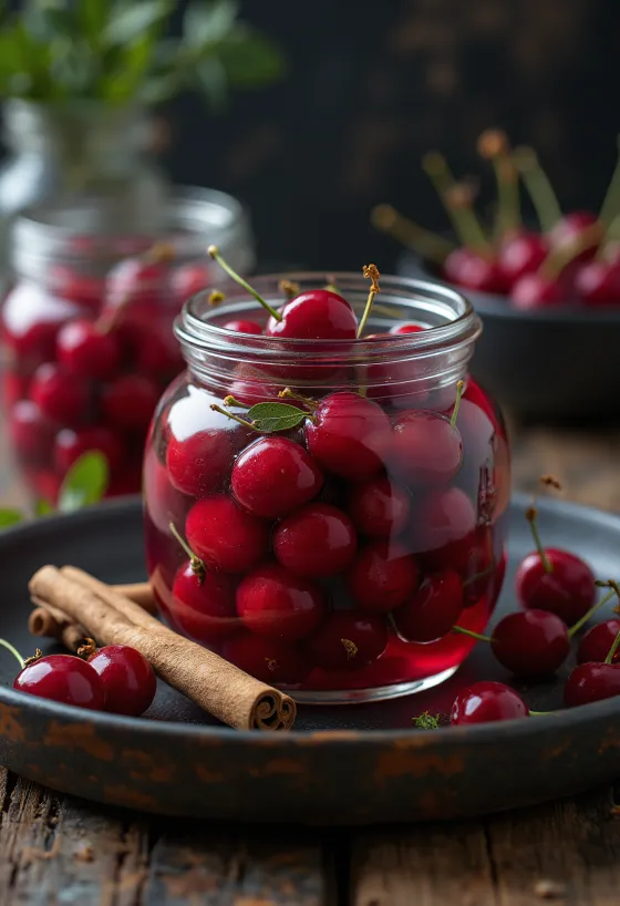 Anh đào ngâm gia vị cay được bày trong lọ