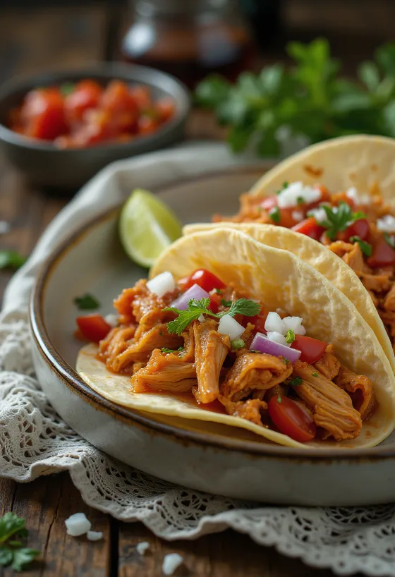 Tacos de Pollo con Salsa Roja trình bày trên đĩa