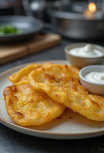Bánh lángos khoai tây chiên vàng ruộm ăn kèm kem chua tỏi và phô mai bào.