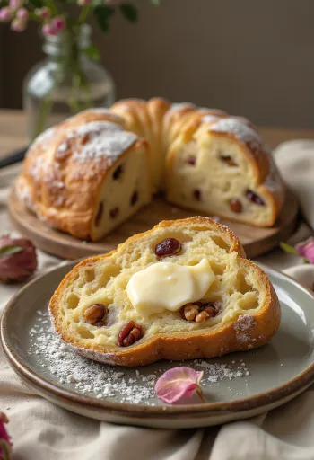 Stollen hạt óc chó nước hoa hồng cắt lát, với hạt óc chó và đường bột