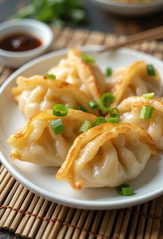 Shrimp Gyoza phục vụ với nhân tôm và nước chấm tương