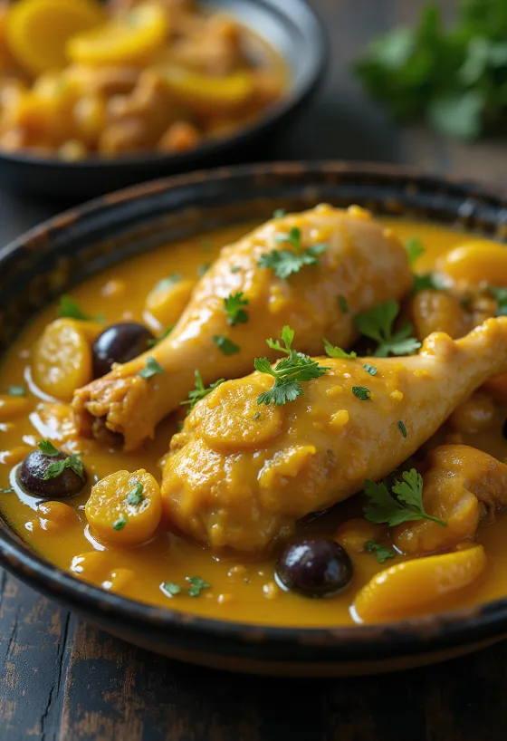 Gà hầm tagine với chanh muối phục vụ trong nồi tagine truyền thống