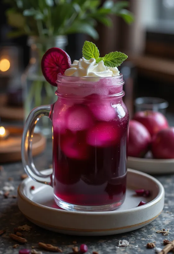 Cider táo củ dền được phục vụ trong ly