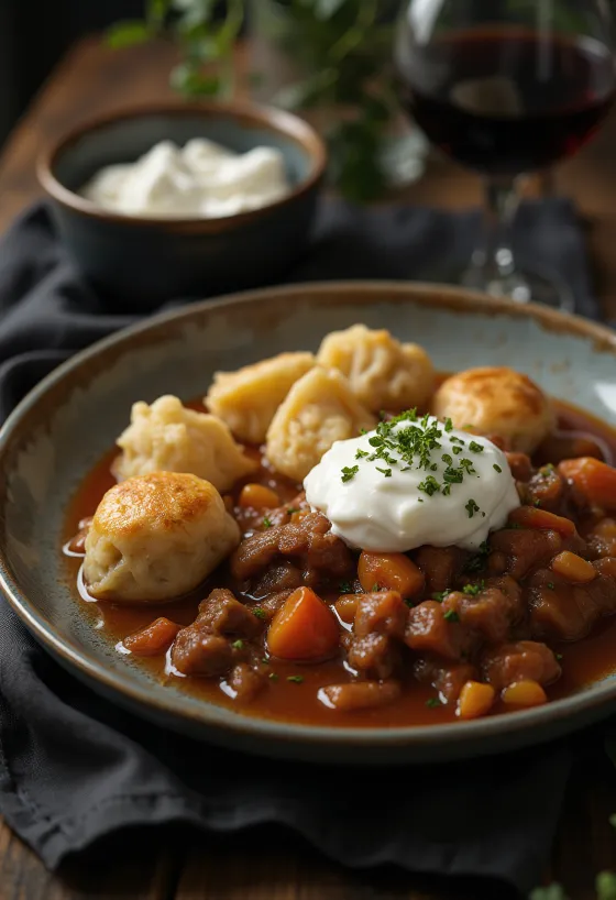 Thịt hầm với nokedli và kem chua