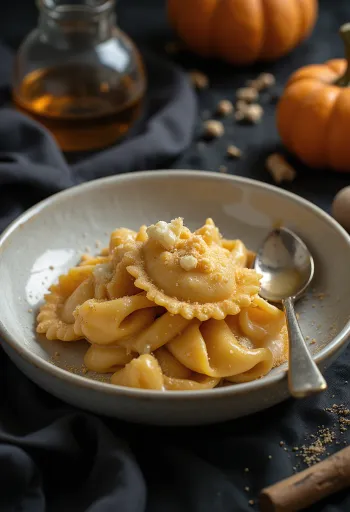 Ravioli gia vị bí ngô và vani được bày ra đĩa