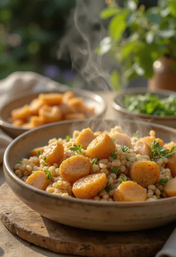 Kasha với gà, phục vụ trong nồi đơn giản, thấy rõ hạt kasha ngon và thịt gà