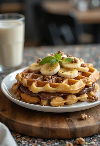 Bánh waffle nhân Nutella chuối kép được bày ra đĩa