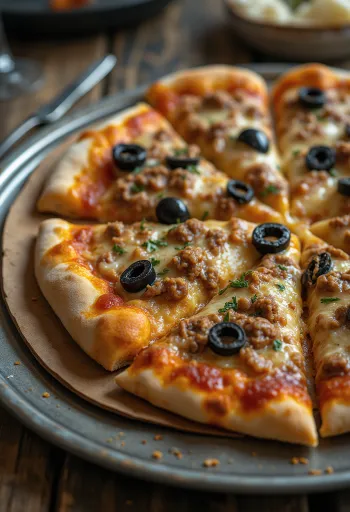 Pizza kiểu Libya với thịt cay và ô liu