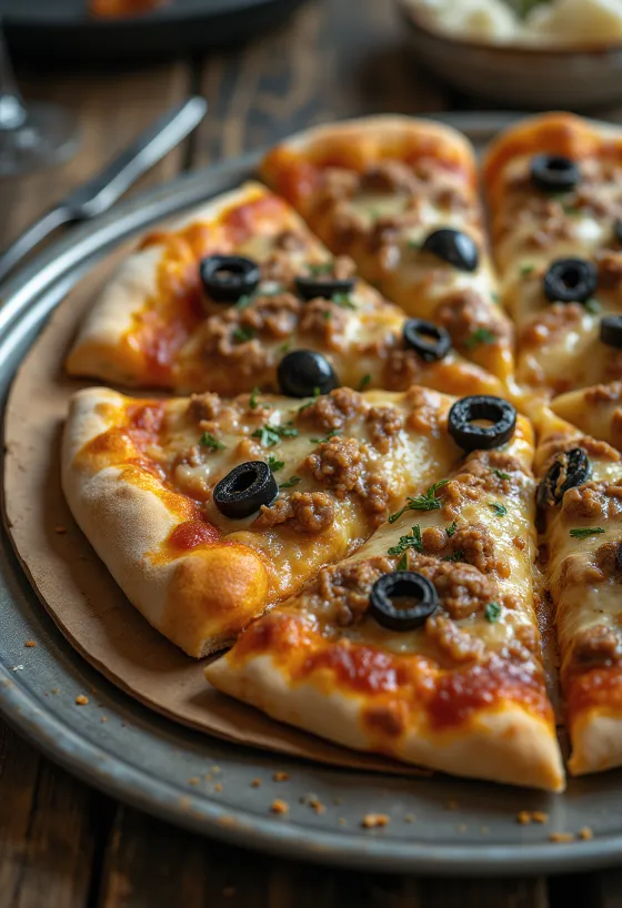 Pizza kiểu Libya với thịt cay và ô liu