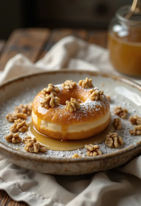 Bánh donut kẹp kem óc chó trên đĩa