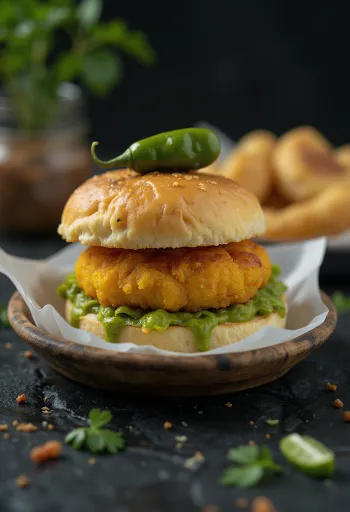 Vada pav nhân thịt được dọn ra đĩa
