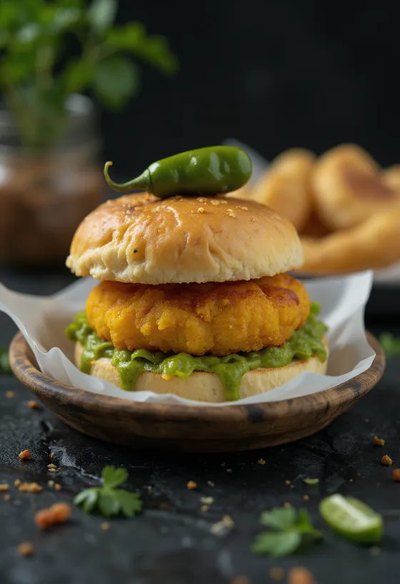 Vada pav nhân thịt được dọn ra đĩa
