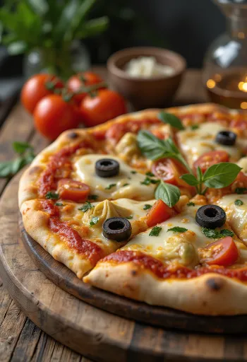 Pizza Địa Trung Hải với ô liu, cà chua và atiso