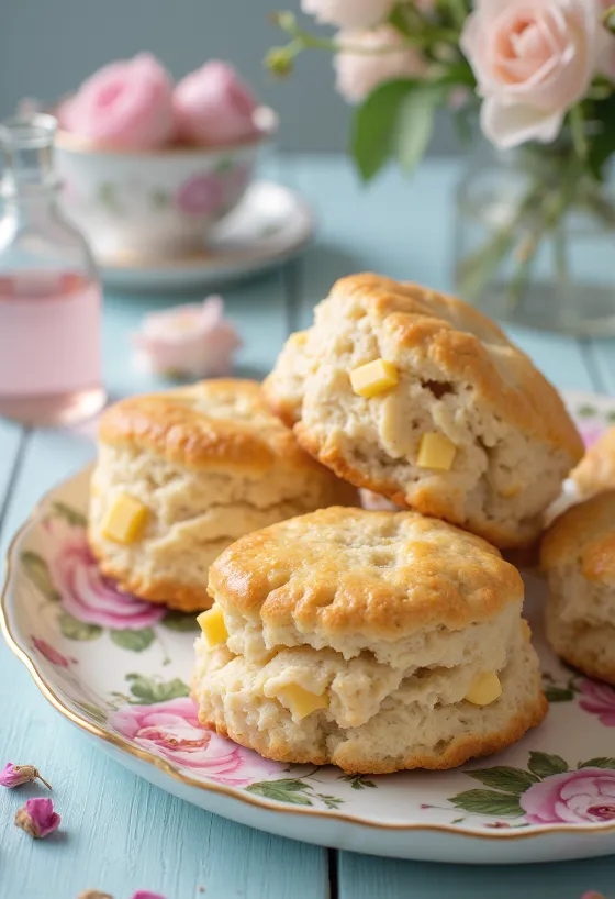 Bánh Scone marzipan nước hoa hồng được dọn ra đĩa