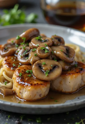 Thịt bê scallopini Marsala ăn kèm nấm và ngò tây tươi