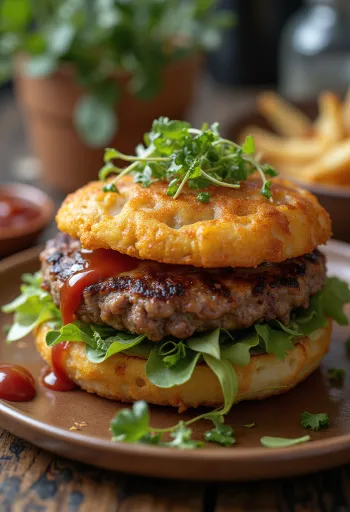 Burger bánh khoai tây rosti được bày biện