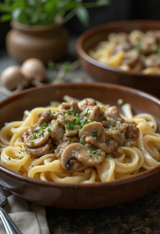 Bò Stroganoff phục vụ với bún gạo