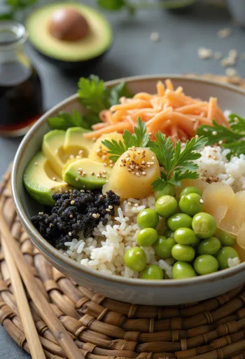 Sushi bowl chay với rau củ và hạt mè