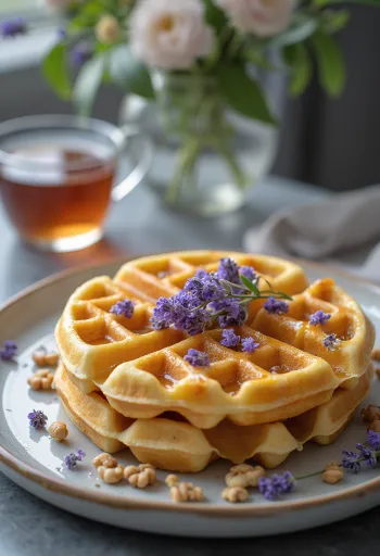 Bánh Waffle Mật Ong Hoa Oải Hương được trình bày