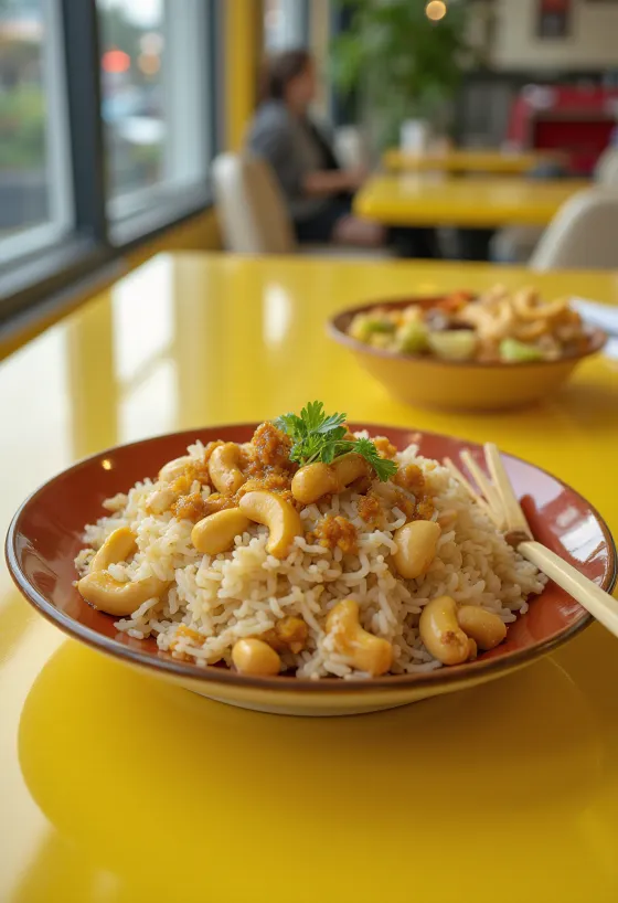 Cơm chiên hạt điều được bày ra đĩa